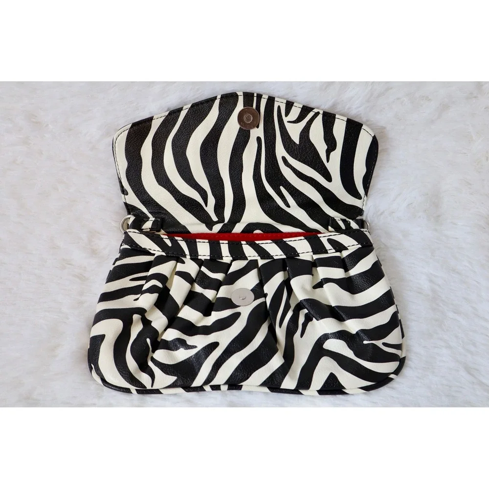 Grace Adele Zebra Print Clutch Bag Black White Faux Leather Red Lining Snap Flap